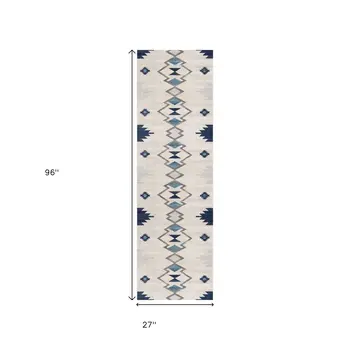 8' Blue And Ivory Southwestern Runner Rug