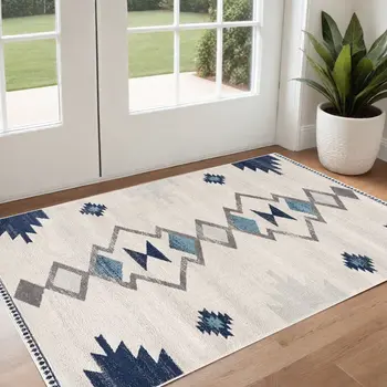 3' X 5' Blue and Ivory Southwestern Area Rug