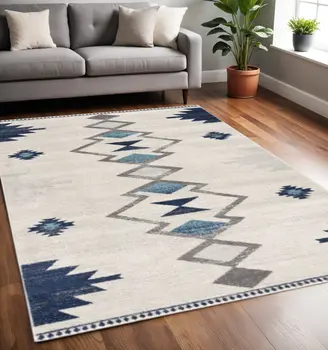 5' X 7' Blue and Ivory Southwestern Area Rug