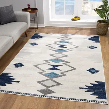 5' X 7' Blue and Ivory Southwestern Area Rug