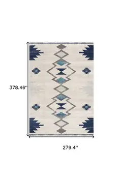 9' X 13' Navy and Ivory Tribal Pattern Area Rug