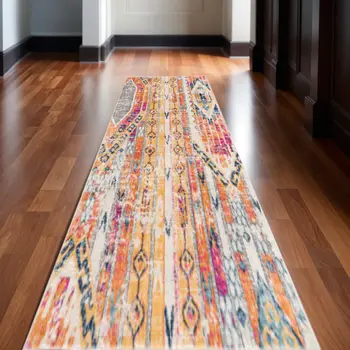13' Gold And Ivory Southwestern Runner Rug