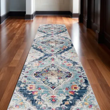 15' Blue And Ivory Medallion Runner Rug