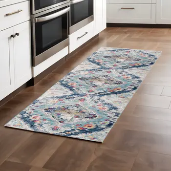 8' Blue And Ivory Medallion Runner Rug