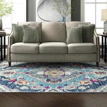 5' X 7' Blue and Ivory Medallion Area Rug