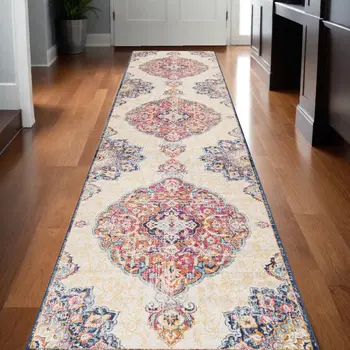 10' Blue And Beige Medallion Runner Rug