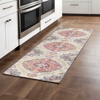 8' Blue And Beige Medallion Runner Rug