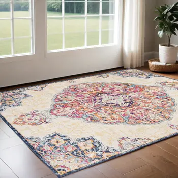 3' X 5' Blue and Beige Medallion Area Rug
