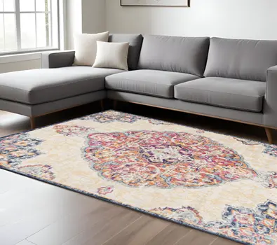 6' X 9' Blue and Beige Medallion Area Rug