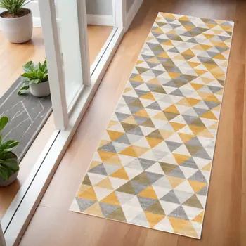 6' Yellow And Ivory Geometric Runner Rug