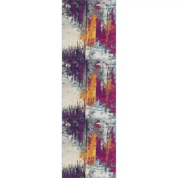 13' Gray Ivory And Magenta Abstract Runner Rug