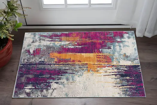 2' X 5' Gray Ivory And Magenta Abstract Area Rug