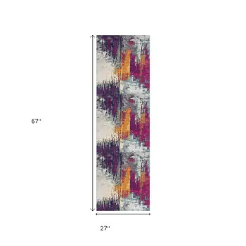6' Gray Ivory And Magenta Abstract Runner Rug