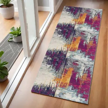 6' Gray Ivory And Magenta Abstract Runner Rug