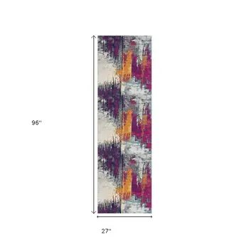 8' Gray Ivory And Magenta Abstract Runner Rug