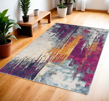 4' X 6' Gray Ivory And Magenta Abstract Area Rug