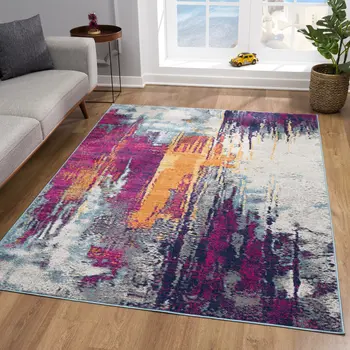 9' X 13' Gray and Magenta Abstract Area Rug