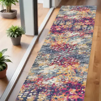 6' Blue And Ivory Abstract Runner Rug