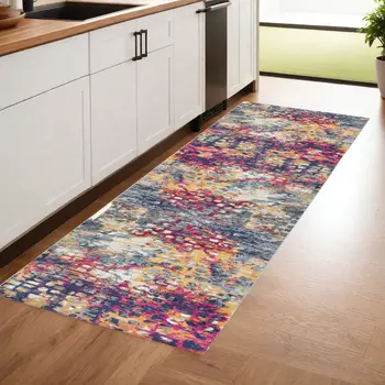8' Blue And Ivory Abstract Runner Rug