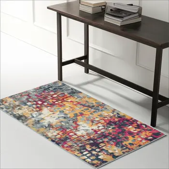 4' X 6' Teal and Gold Abstract Washable Area Rug