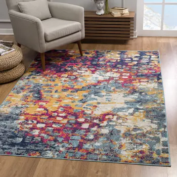 4' X 6' Teal and Gold Abstract Washable Area Rug