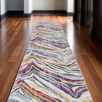 13' Blue And Gold Abstract Runner Rug