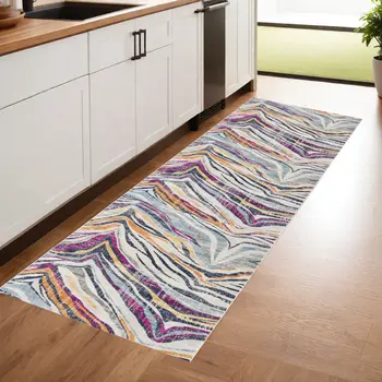 8' Blue And Gold Abstract Runner Rug