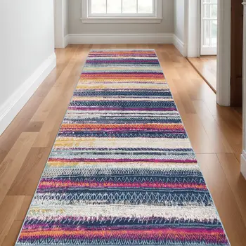 10' Blue And Ivory Striped Runner Rug