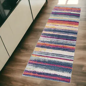 2' X 5' Blue And Ivory Striped Area Rug