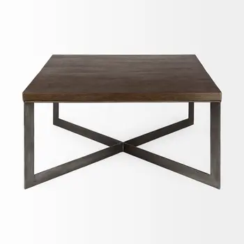 34" Brown Solid Wood and Metal Square Coffee Table