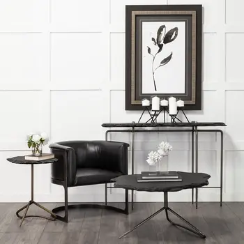 33" Black Wood and Metal Round Pedestal Coffee Table