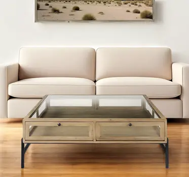 42" Clear and Black Glass and Metal Square Coffee Table With Two Drawers And Shelf
