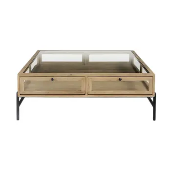 42" Clear and Black Glass and Metal Square Coffee Table With Two Drawers And Shelf