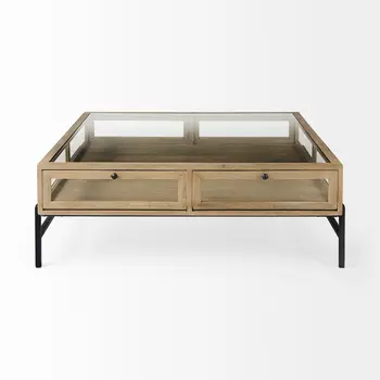 42" Clear and Black Glass and Metal Square Coffee Table With Two Drawers And Shelf