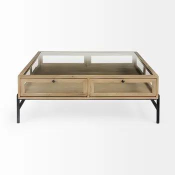 42" Clear and Black Glass and Metal Square Coffee Table With Two Drawers And Shelf