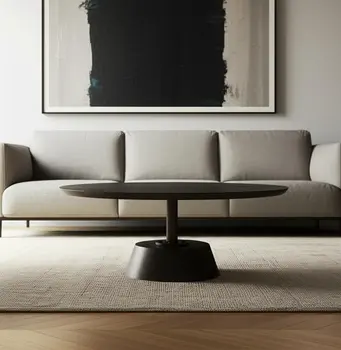 32" Dark Brown and Black Solid Wood and Iron Round Pedestal Coffee Table