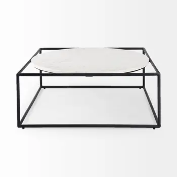 36" White and Black Genuine Marble and Metal Square Frame Coffee Table