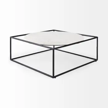 36" White and Black Genuine Marble and Metal Square Frame Coffee Table