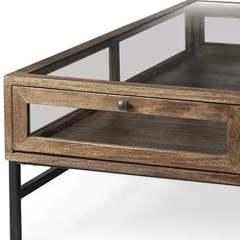 42" Dark Brown Glass and Metal Square Coffee Table With Shelf