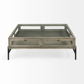 42" Gray and Black Glass and Metal Square Coffee Table With Shelf