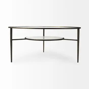 36" Clear and Bronze Glass and Metal Round Coffee Table With Shelf