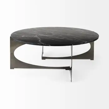 48" Black and Gold Genuine Marble and Iron Round Coffee Table