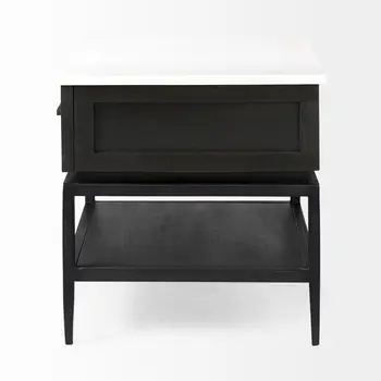 22" Black And White Marble Square End Table With Drawer And Shelf