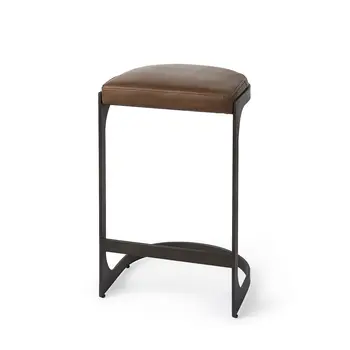 29" Black Leather and Metal Backless Bar Chair