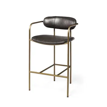 29" Brown and Gold Leather and Metal Low Back Bar Chair