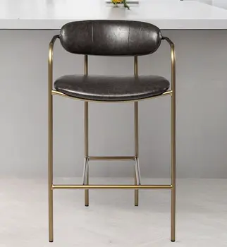 29" Brown and Gold Leather and Metal Low Back Bar Chair