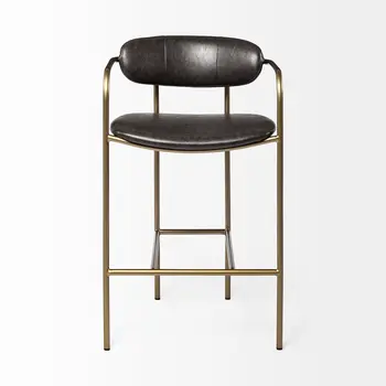 29" Brown and Gold Leather and Metal Low Back Bar Chair