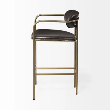 29" Brown and Gold Leather and Metal Low Back Bar Chair