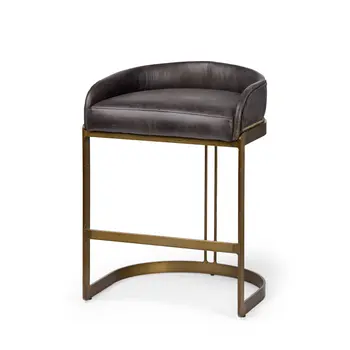 29" Black and Gold Leather and Metal Low Back Bar Height Bar Chair