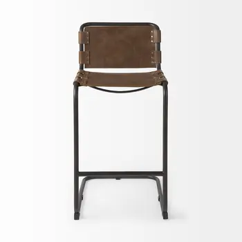 35" Brown and Black Leather and Metal Bar Chair